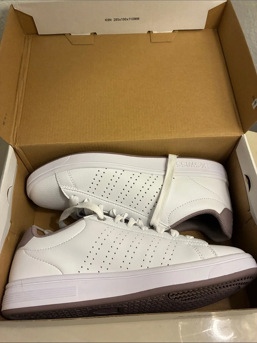 K-Swiss Base Court White Sneakers with Lavender Accents